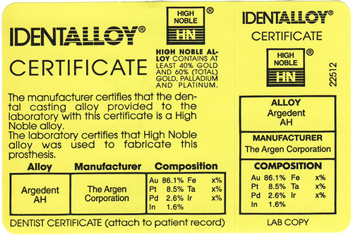 Copy of an IdentAlloy certificate for a high noble dental crown